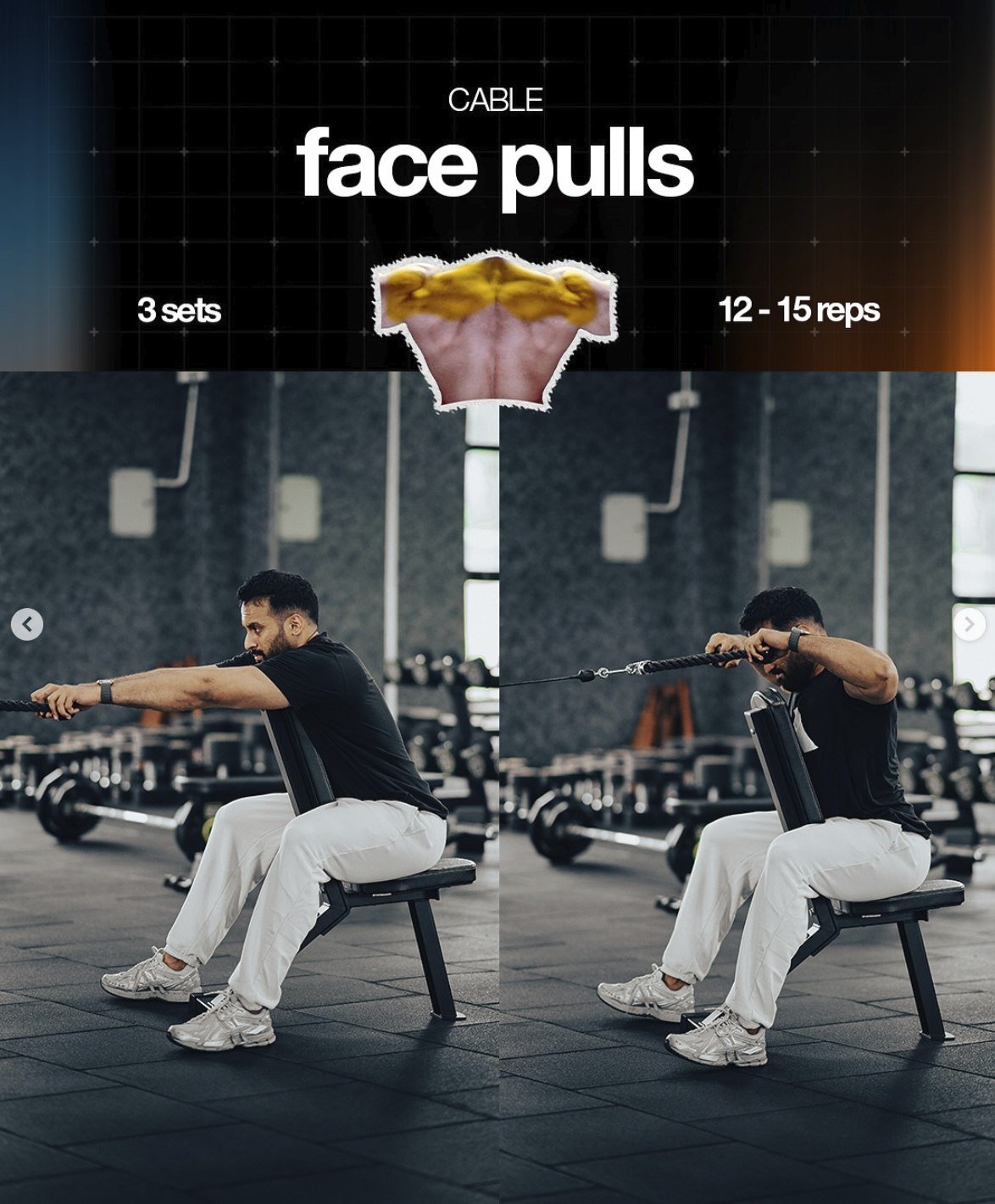 Cable face pulls - 3 sets of 12 to 15 reps