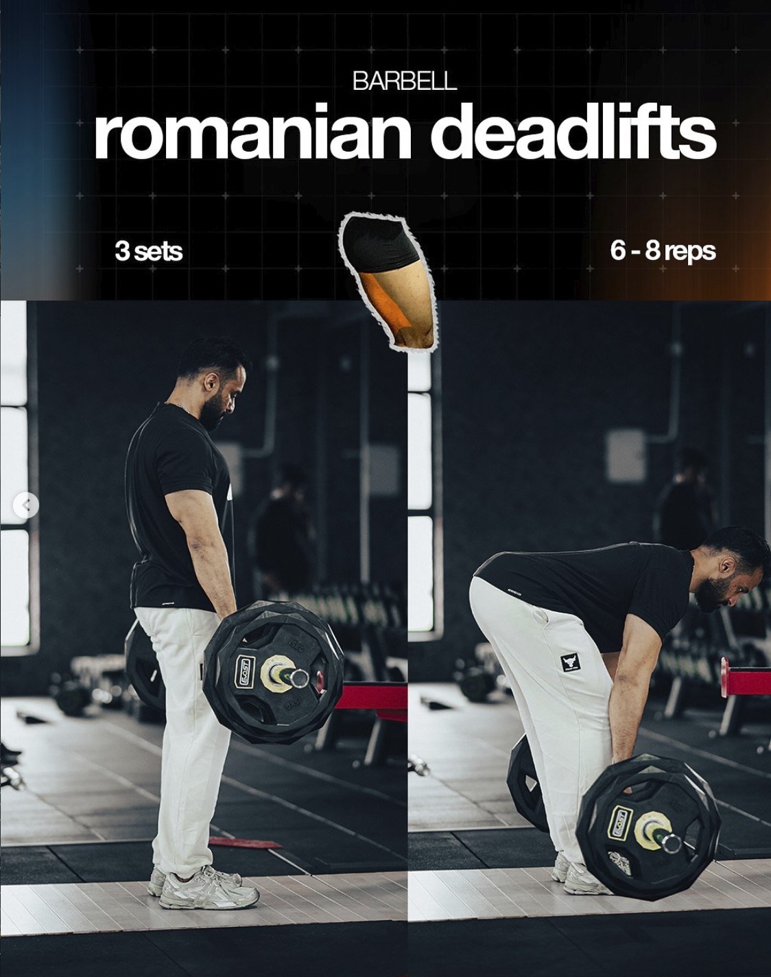 Barbell romanian deadlifts - 3 sets of 6 to 8 reps