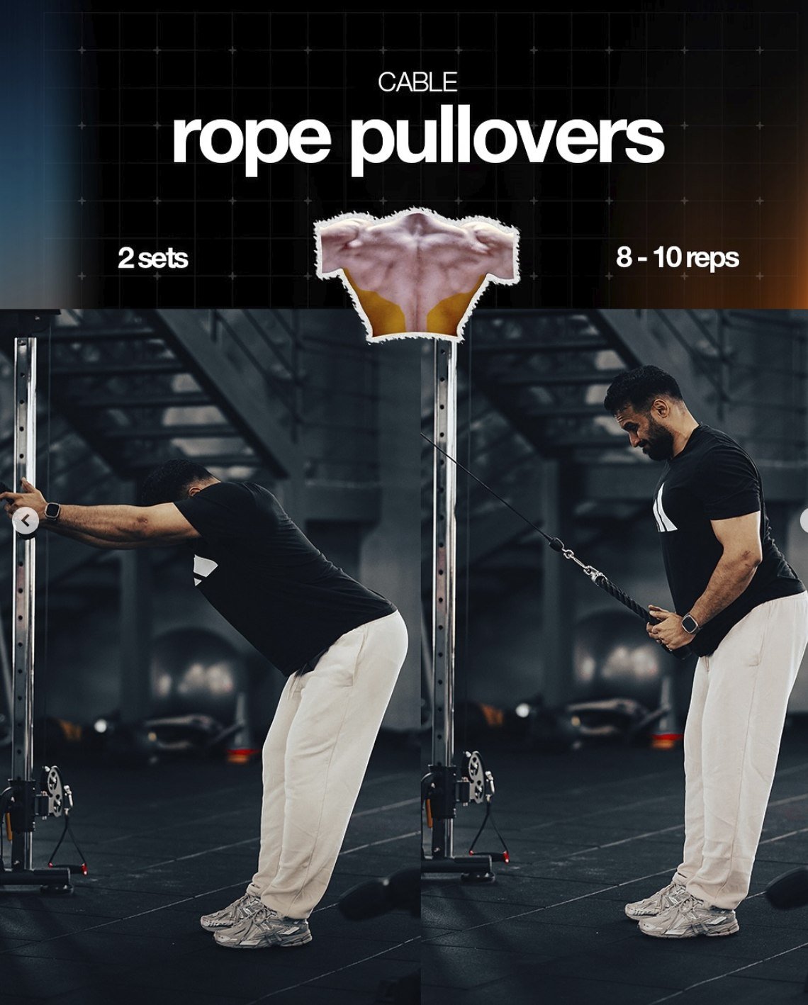 Cable rope pullovers - 2 sets of 8 to 10 reps