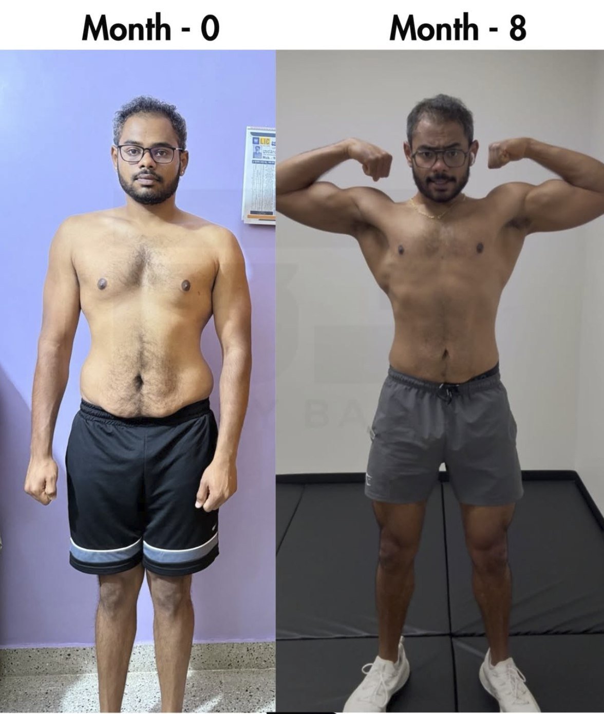 Client before and after body transformation over 8 months, coached by Big By Basics