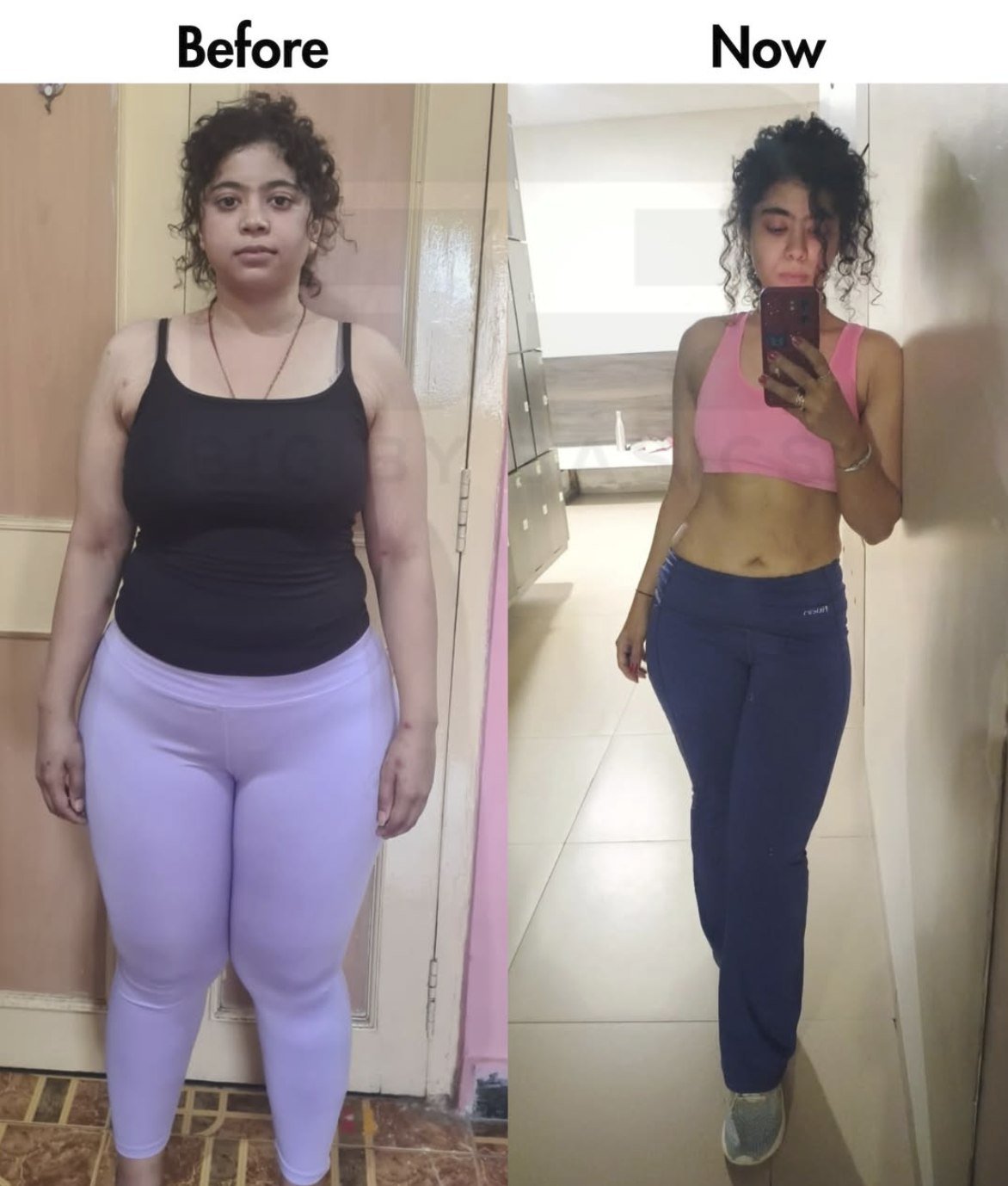 Client before and after body recomposition, coached by Big By Basics