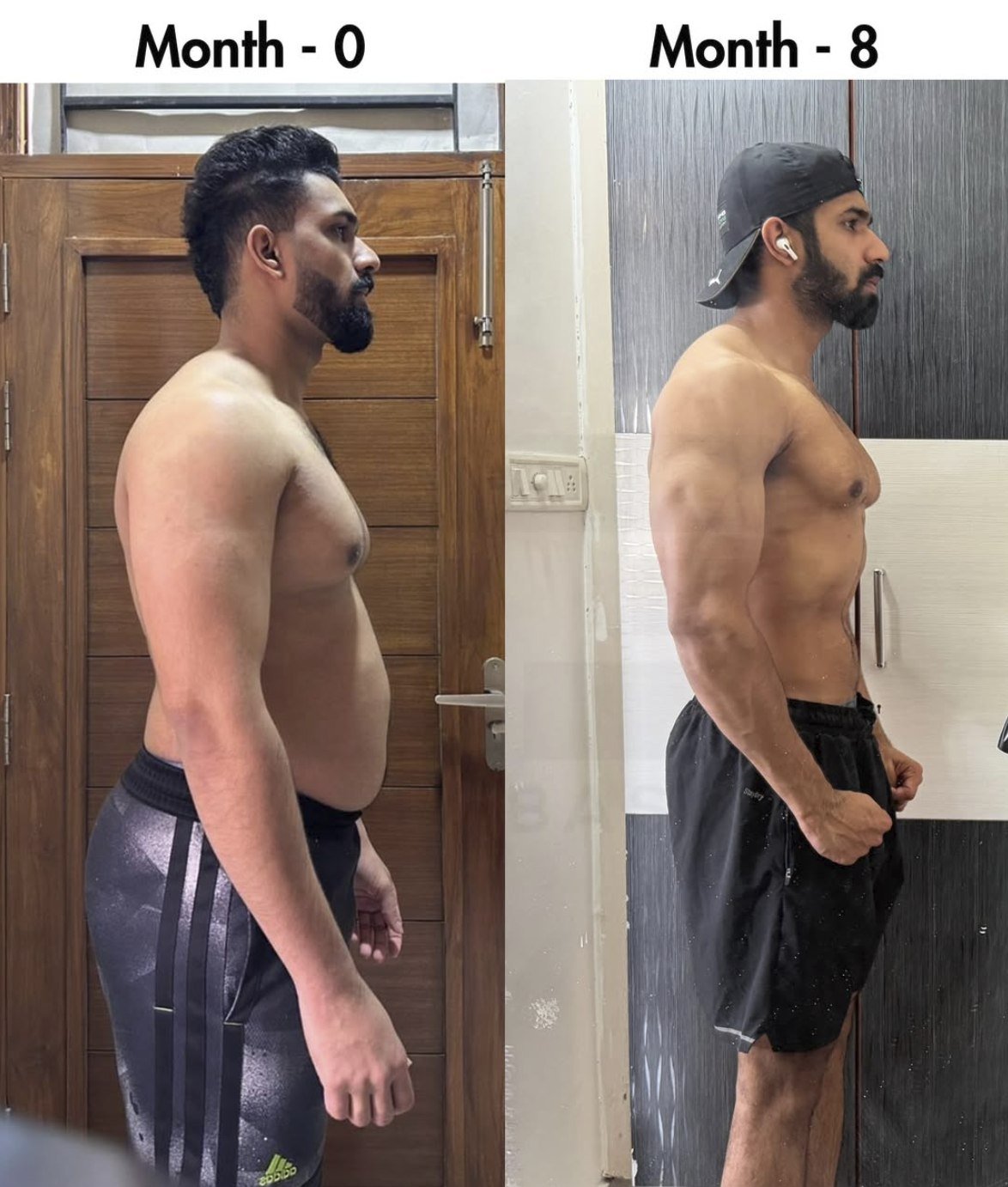 Client side-profile before and after over 8 months, coached by Big By Basics