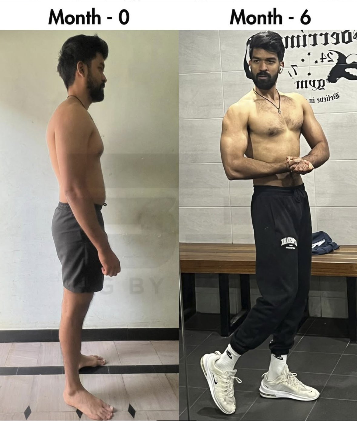 Client side-profile before and after over 6 months, coached by Big By Basics