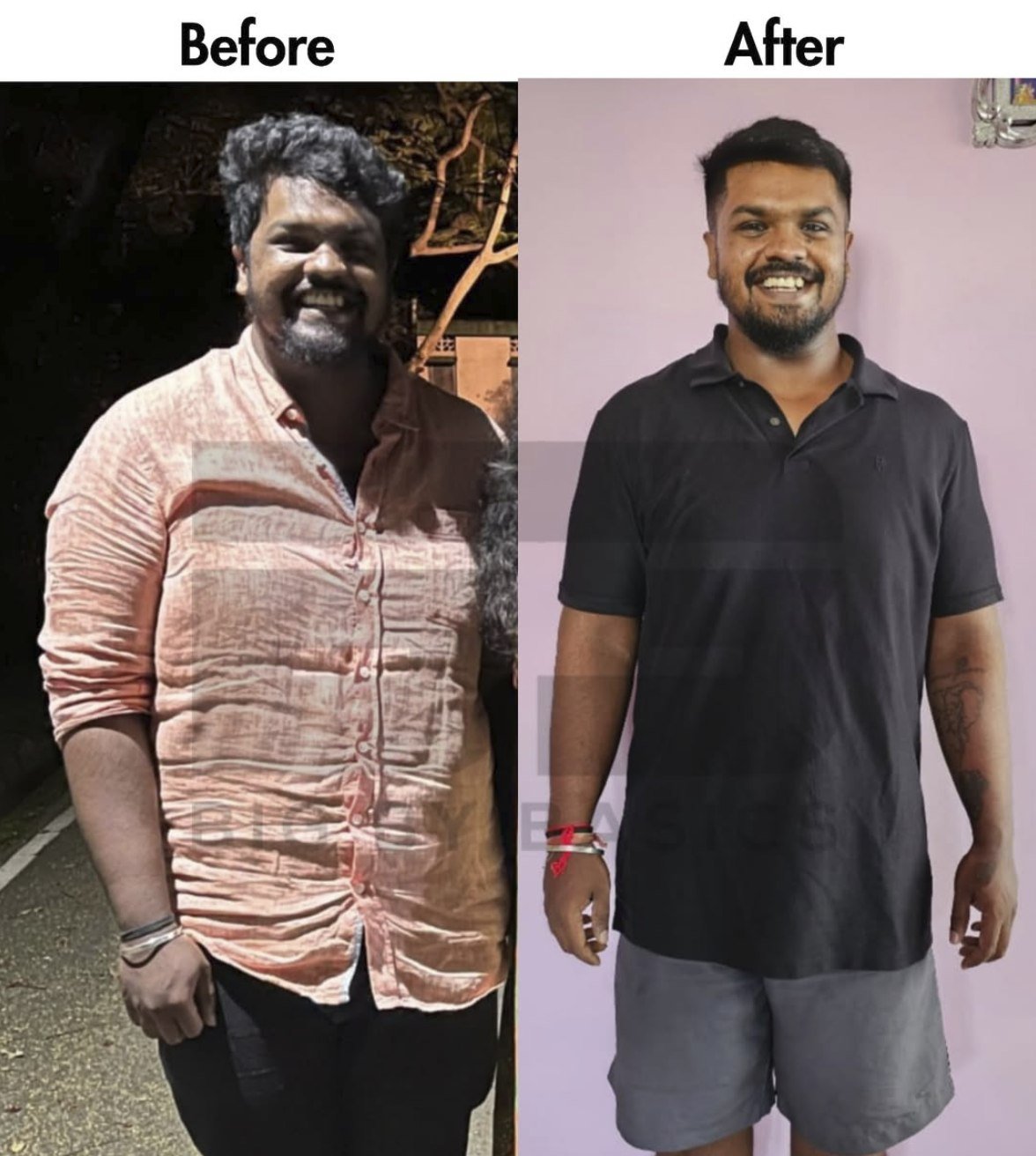 Client before and after body transformation, coached by Big By Basics